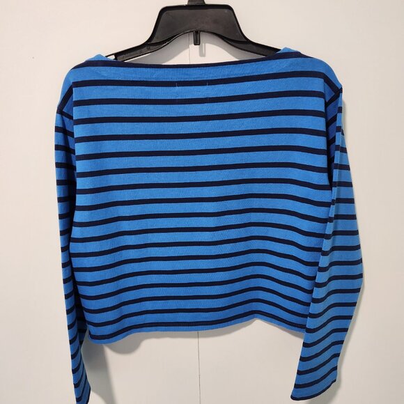 J. Crew Women's Classic Long Sleeve Boat Neck Striped Blue Cropped Top- XS - Picture 3 of 6
